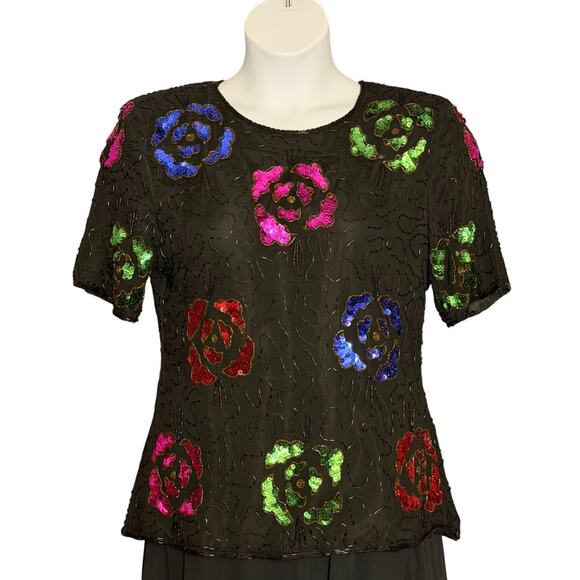 Vintage 80s Stenay Silk Beaded Sequin Top Sz L Floral Black Evening Party Retro - Picture 2 of 10